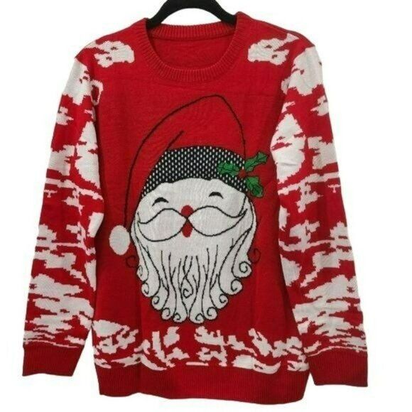 Womens Size M Red Pullover Christmas Ugly Sweater Santa Snowflakes Print Knit - Picture 3 of 7